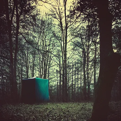 Image similar to eerie polaroid of a peaking out from behind a tree in a forest at dusk