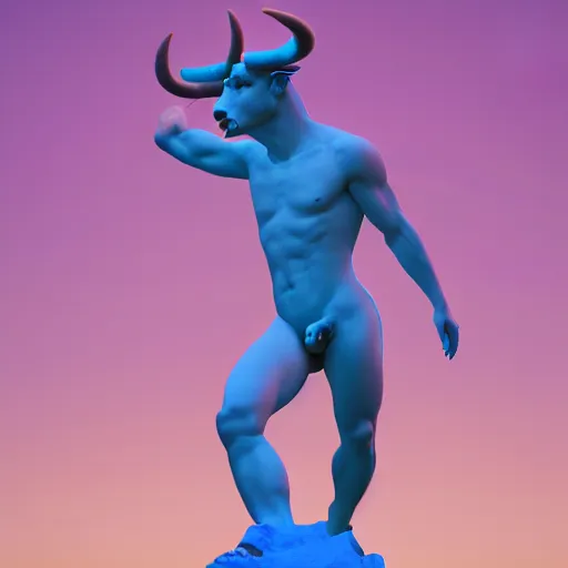 Image similar to unreal engine octane render houdini hyperreallistic render 8k marble statue of the minotaur vaporwave blue and pink neon background