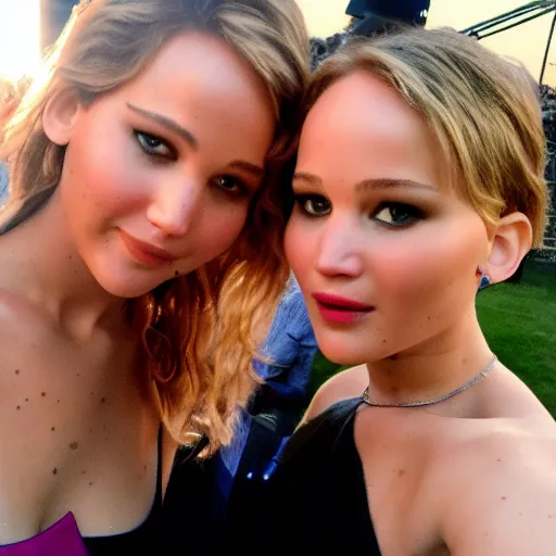 Image similar to Selfie photograph of Jennifer Lawrence and Jennifer Lawrence, golden hour, 8k,