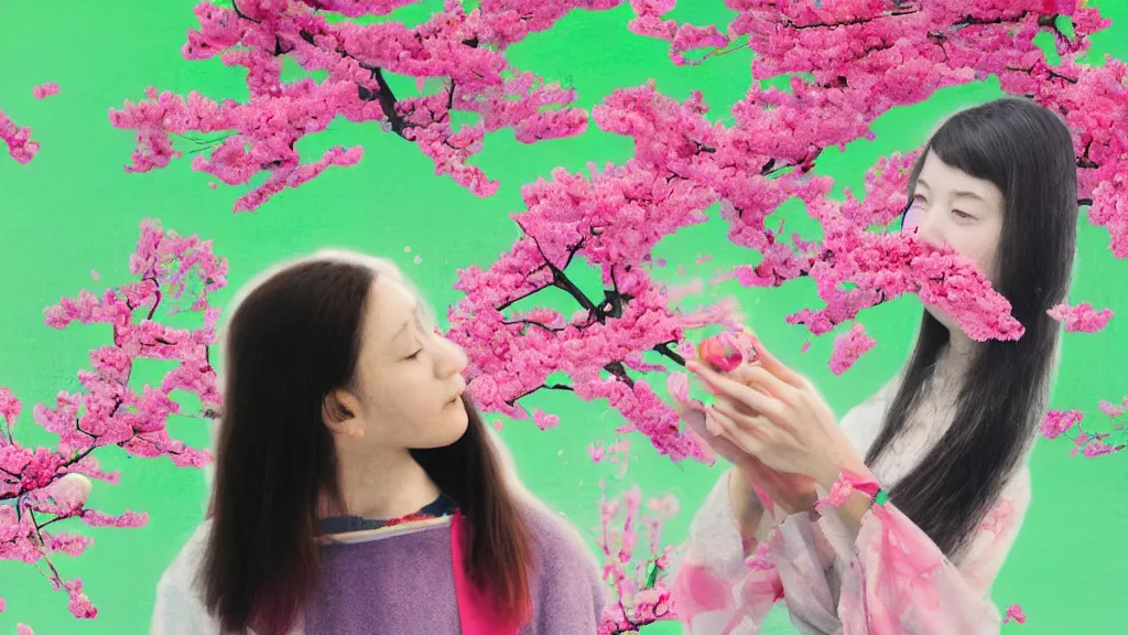 Image similar to close - up of a woman in a small group of people, a flower viewing picnic sakura, japan, a collage painting, in the style of wes anderson, lola dupre, david hockney, isolated on negative white space background dark monochrome neon fluorescent spraypaint accents volumetric octane render