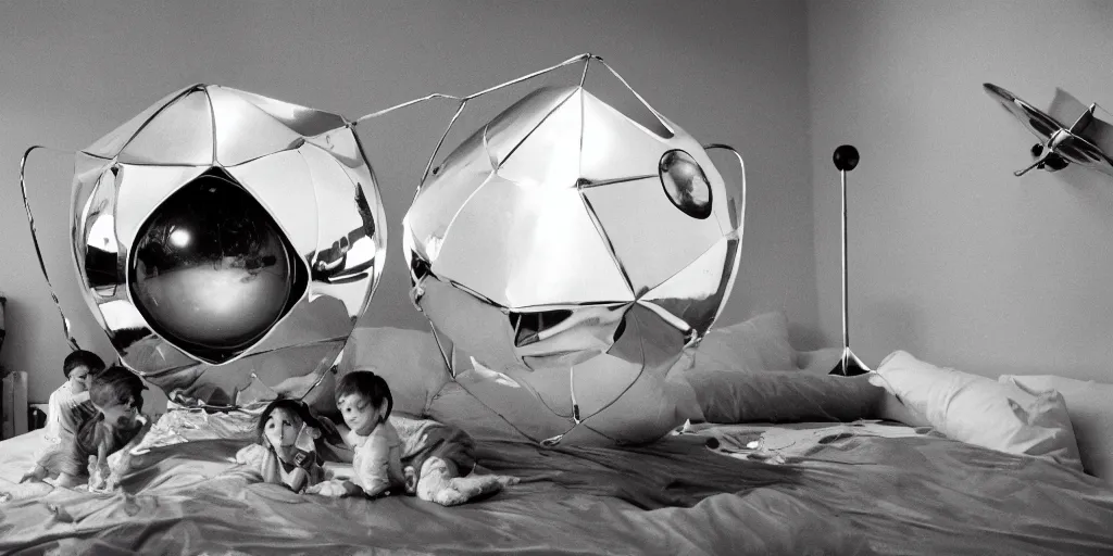 Image similar to flight of the navigator trimaxion drone ship, chrome metallic ufo, floating inside a child's bedroom reflecting children's toys, film still, 3 5 mm