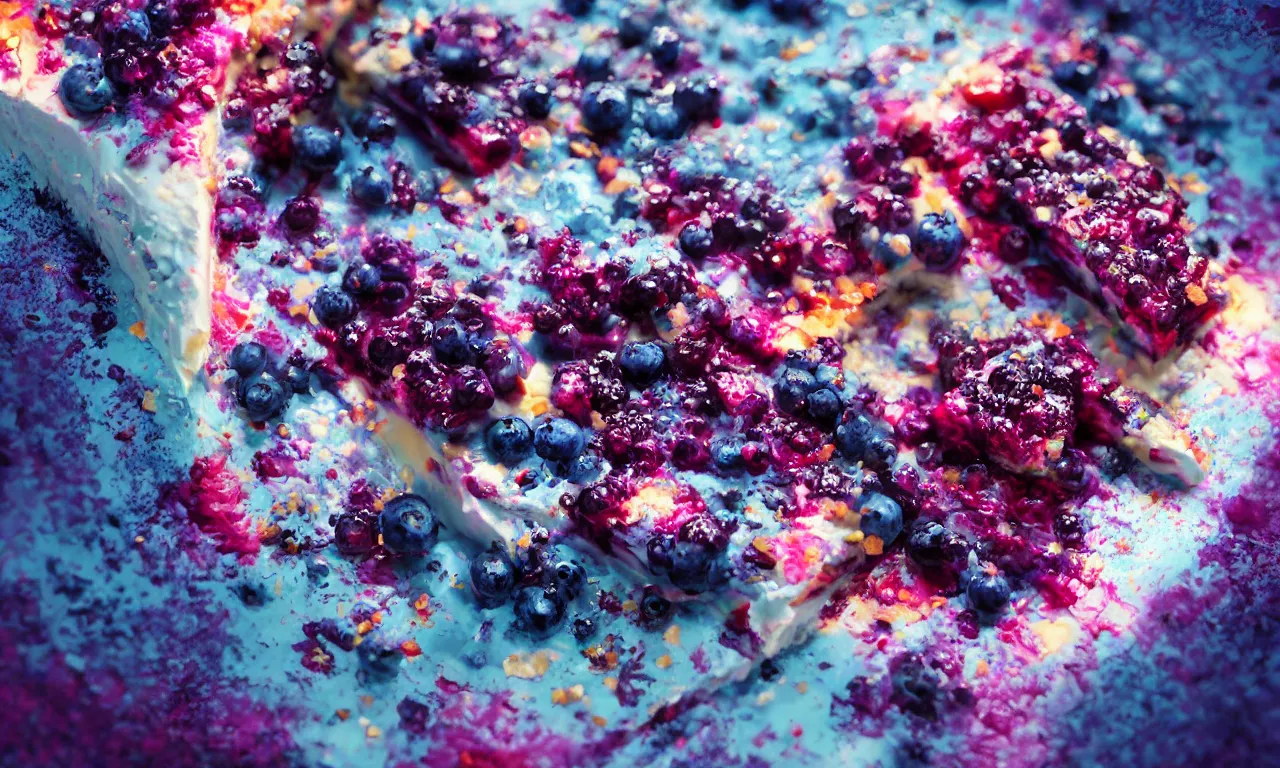 Prompt: blueberry cheesecake, vivid colors, high details, cinematic, 8k resolution, beautiful detailed, photorealistic, digital painting, artstation, concept art, smooth, sharp focus, illustration, fantasy background, artstation trending, octane render, unreal engine