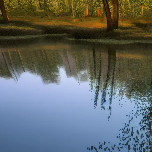 Image similar to river in a forest, golden hour, ray tracing reflection, 8k, hyper realistic, insainly detailed, hdr, octan render