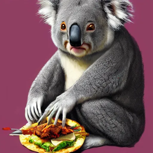 Prompt: a portrait of a koala eating a taco, concept art, trending on art station, by marc simonetti