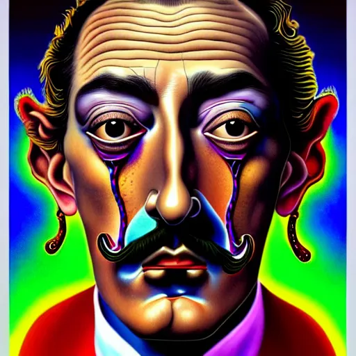 Prompt: An extremely psychedelic portrait of Salvador Dali, surreal, LSD, face, detailed, intricate, elegant, lithe, highly detailed, digital painting, magical, Occult, artstation, concept art, smooth, sharp focus, illustration