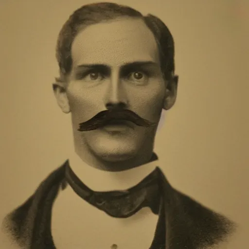 Image similar to A photograph portrait of Jerma985 with a pyramidal mustache in the early 1800s, taken in the early 1800s, 1840s, grainy, taken on a Field View Camera, realistic, hyperrealistic, very realistic, highly detailed, very detailed, extremely detailed, detailed, digital art, trending on artstation