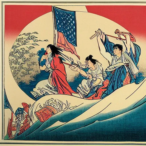 Image similar to liberty guiding the people by delacroix in the style of a masterpiece by hokusai, crips details, featured in artscape