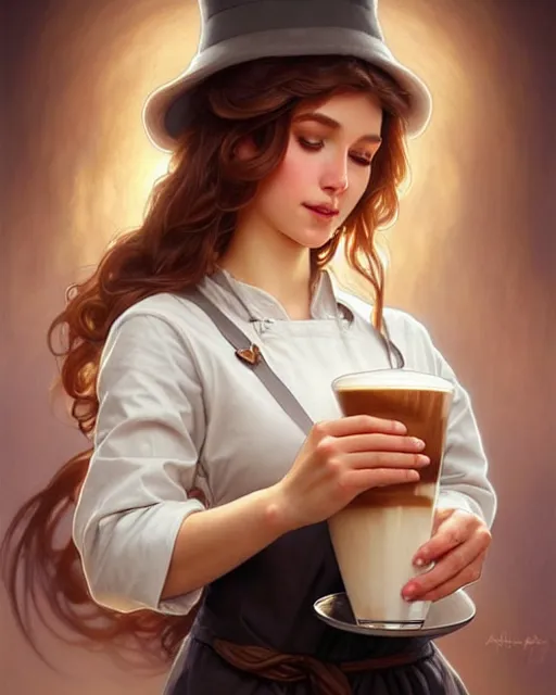 Prompt: a dreamy angelic barista in an apron holding latte art, fantasy character portrait, ultra realistic, intricate, elegant, highly detailed, digital painting, artstation, smooth, sharp, focus, illustration, art by artgerm and greg rutkowski and alphonse mucha