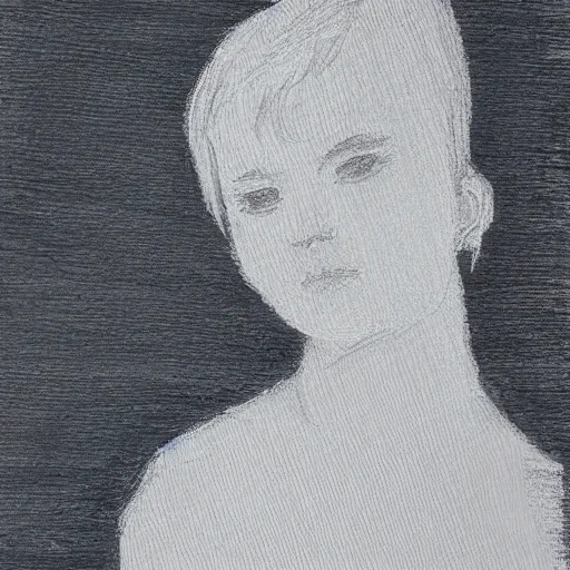 Image similar to portrait of a caring woman as line drawing in pressed black crayon on French light blue paper,slight wove texture