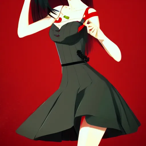 Image similar to elegent girl with gray hair and green eyes, wearing a red and black color dress, in the style of and ilya kuvshinov and greg rutkowski, high quality anime artstyle, intricate