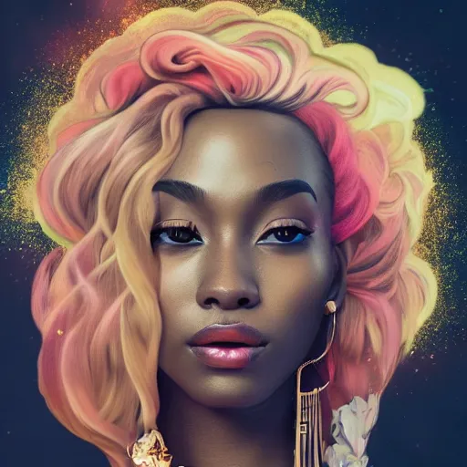 Prompt: black woman with gorgeous pastel balayage hairstyle face tattoos and gold teeth, as seen on artgerm, octane render, exploding nebulae in the style of alphonse mucha, ultra realistic, highly detailed, 8 k,