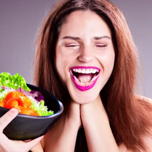 Image similar to happy woman eating salad, stock photograph, studio lighting, 4k