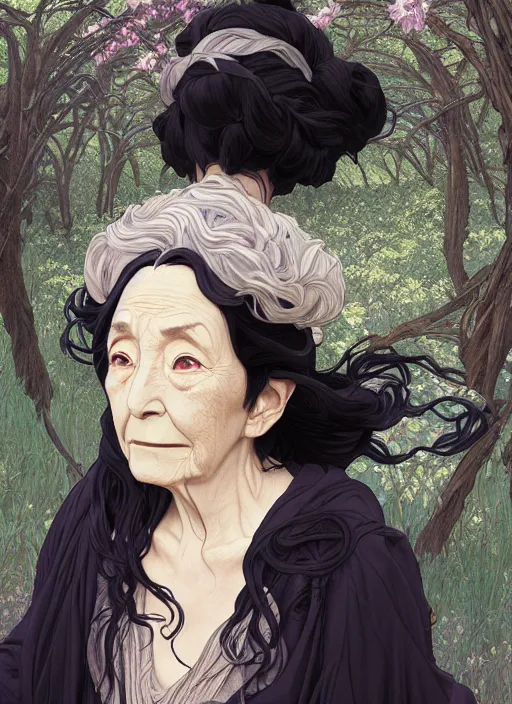 Image similar to wizened old witch with curly shiny shimmering black hair, path traced, highly detailed, high quality, digital painting, by studio ghibli and alphonse mucha, leesha hannigan, hidari, disney