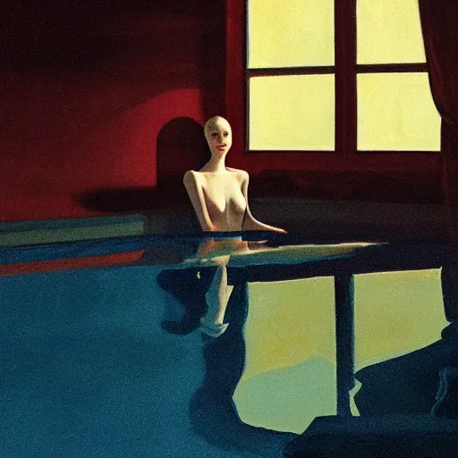 Prompt: Elle Fanning submerged in a pool at night in the world of Edward Hopper, stormy weather, streetlights, extremely detailed masterpiece, oil on canvas, low-key neon lighting, artstation, Blade Runner 2049, Roger Deakin’s cinematography, by J. C. Leyendecker and Peter Paul Rubens,