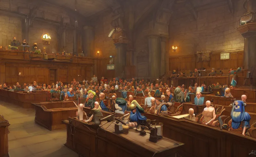 Image similar to the courtroom, in the center is a bald man in a skirt, no blur, 4 k resolution, ultra detailed, style of marc simonetti, tyler edlin, deviantart