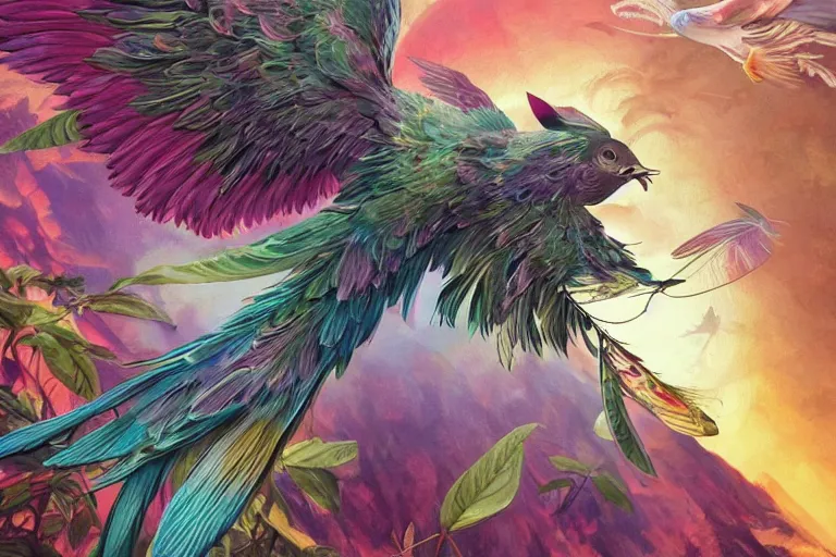 Image similar to a pig with rainbow feathered wings, flying above a tropical forest, HD, illustration, epic, D&D, fantasy, intricate, elegant, highly detailed, digital painting, artstation, concept art, smooth, sharp focus, illustration, wallpaper, art by artgerm and greg rutkowski and alphonse mucha and jin xiaodi and anthony devine