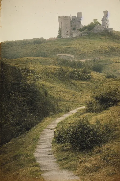 Image similar to photochrom, a hilly landscape with castle and path