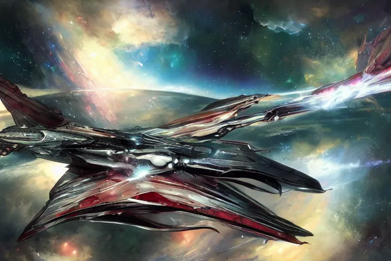 Prompt: space nebula by raymond swanland, framing a pteranodon battlecruiser, with white kanji insignias, sleek, white john berkey panels, wine red trim, spines and towers, rows of windows lit internally, sensor array, blazing engines, robotech styling, boeing concept art, cinematic lighting by liam wong