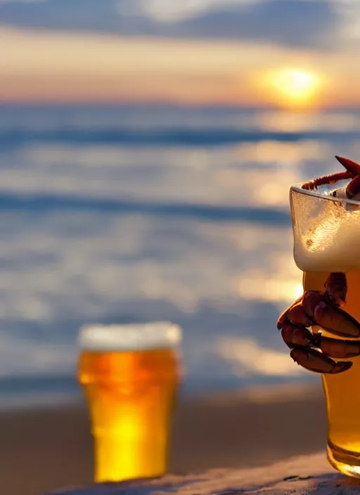 Image similar to a happy crab holding a beer in a beach, golden hour, bokeh, 4k