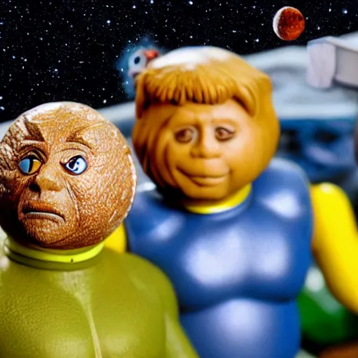 Image similar to a detailed photo of the characters from space balls as action figures, macro photography, zoom, table