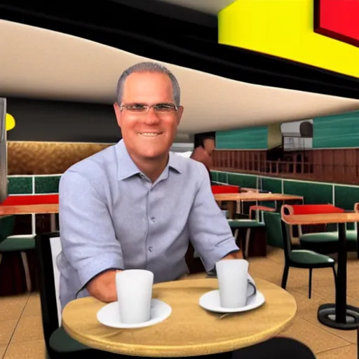 Prompt: 3 d render of scott morrison at a mcdonald's restaurant