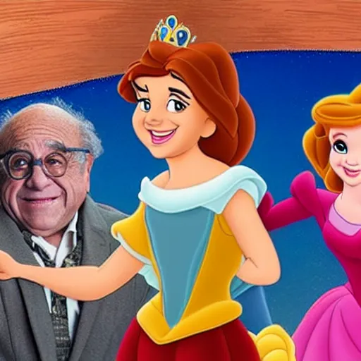 Prompt: A movie still of Danny Devito as a Disney princess