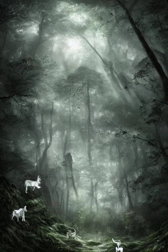 Prompt: there is a silver unicorn in the forest, fireflies flying in the forest, dreamy crystal atmosphere ， super wide angle ， matte painting ， rtx on ， trending on cgsociety and artstation, volumetric light ， surreal