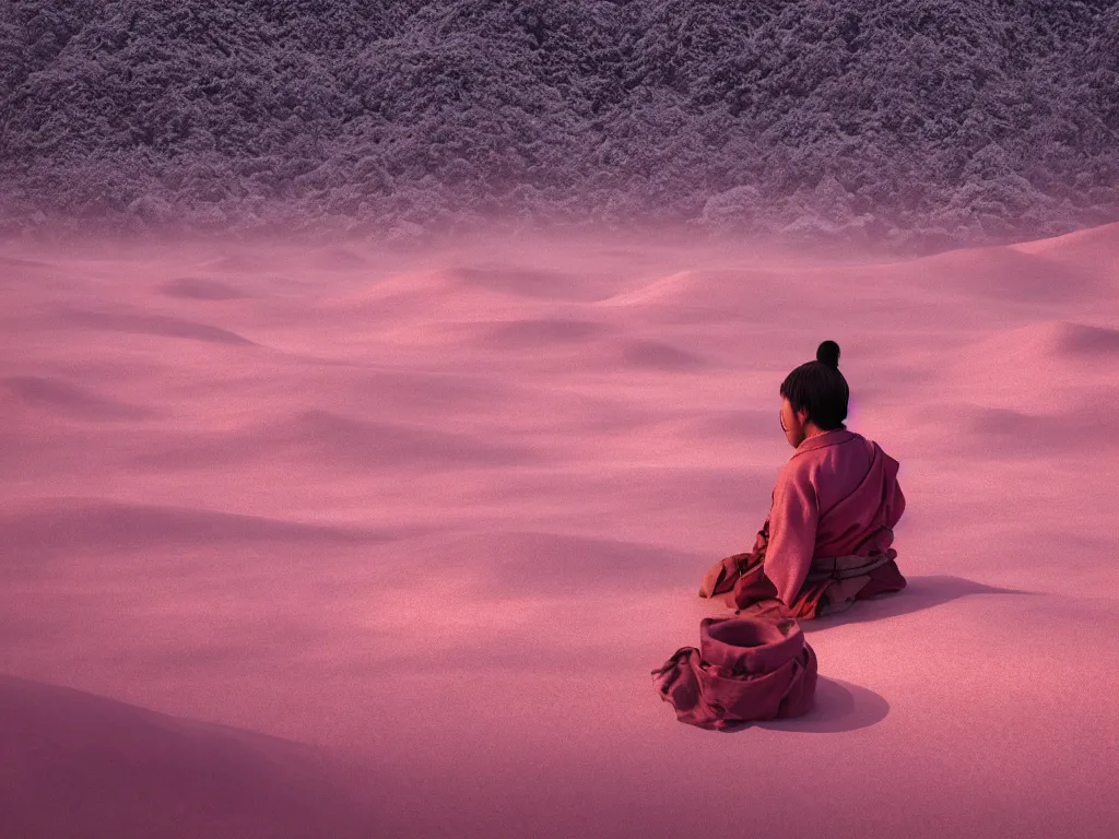 Prompt: lone japanese edo samurai sitting meditating in the middle of a soft glow pink desert with snow mountains and cloudy skies, long exposure, detailed, hyper realistic, photorealism, landscape, ultra wide angle view, peaceful, cinematic, volumetric lighting, god ray