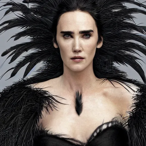 Image similar to jennifer connelly as odile the black swan, gray skin, wearing black hooded cloak, black feathers instead of hair, black feathers growing out of skin, bumpy skin, screaming, losing control, black feathers growing out of face, black hands with black claws, highly detailed, comic book, romantic, mike mignogna, david mack, trending on artstation