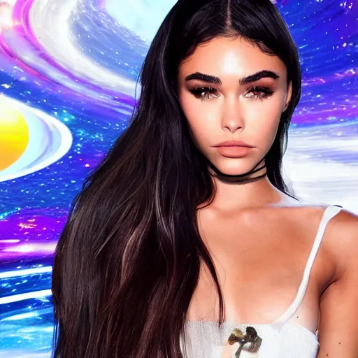 Image similar to madison beer a an intergalactic popstar dancing on a planet, render, blender render, unity render, 4 k wallpaper, art station trending, artstation 4 k coherent, coherent, 4 k, detailed, hyperdetailed, artifact - free, completely coherent, sharp, madison beer