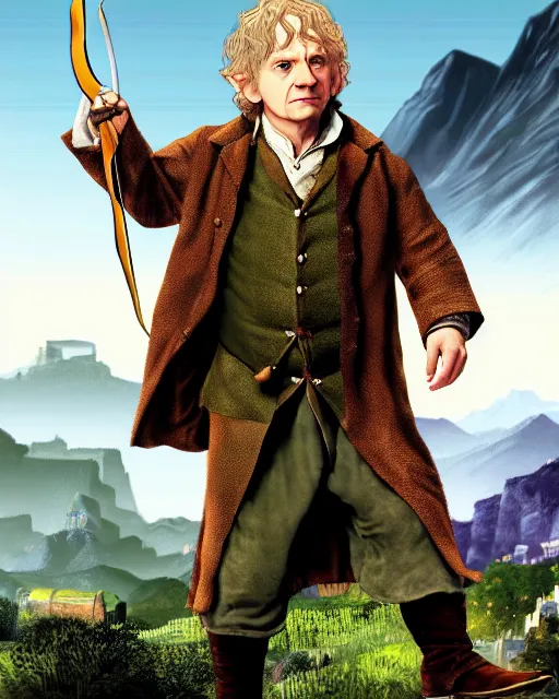 Prompt: Bilbo Baggins from Lord of the rings in GTA V loading screen, GTA V Cover art by Stephen Bliss, boxart, loading screen,