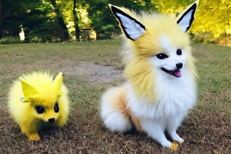 Prompt: real life jolteon pokemon, cute!!!, heroic!!!, adorable!!!, playful!!!, fluffly!!!, happy!!!, cheeky!!!, mischievous!!!, ultra realistic!!!, autumn, clear weather, ( golden hour ), sharp focus