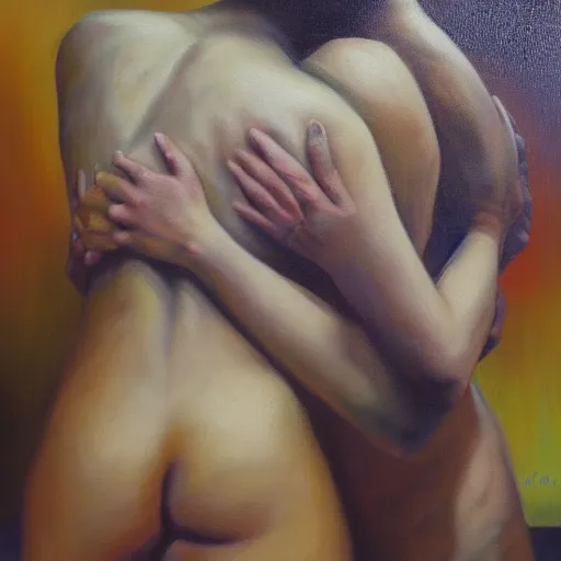 Prompt: a hug, masterpiece, trending on artstation, oil on canvas