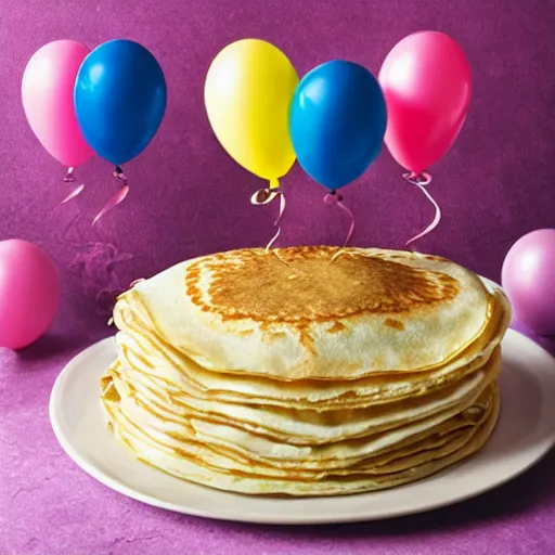 Prompt: photo of a breton crepe with birthday balloons