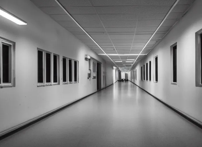 Image similar to a school corridor at night, lights off, moonlight coming through the window