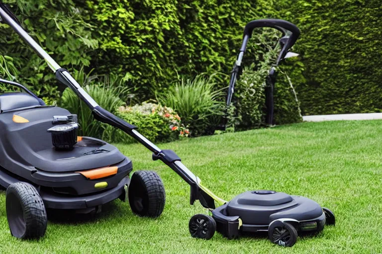 Image similar to lawn mower with a baby stroller attached