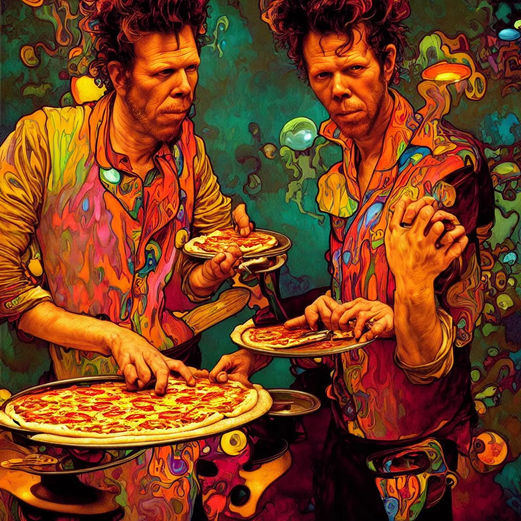 Image similar to bright psychedelic portrait of tom waits baking pizza, diffuse lighting, fantasy, intricate, elegant, highly detailed, lifelike, photorealistic, digital painting, artstation, illustration, concept art, smooth, sharp focus, art by John Collier and Albert Aublet and Krenz Cushart and Artem Demura and Alphonse Mucha