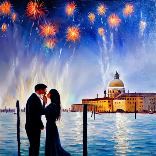 Image similar to an oil painting of couple kissing, in a background fireworks in venice