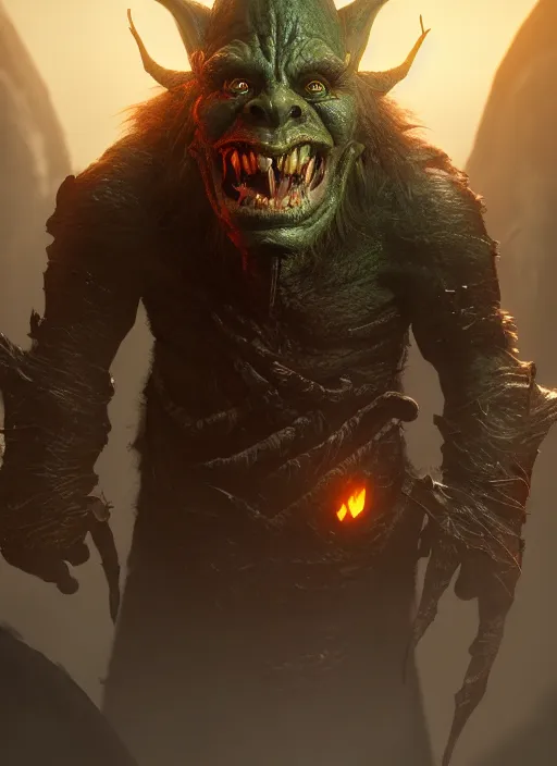 Image similar to evil goblin ultra detailed fantasy, elden ring, realistic, dnd character portrait, full body, dnd, rpg, lotr game design fanart by concept art, behance hd, artstation, deviantart, global illumination radiating a glowing aura global illumination ray tracing hdr render in unreal engine 5