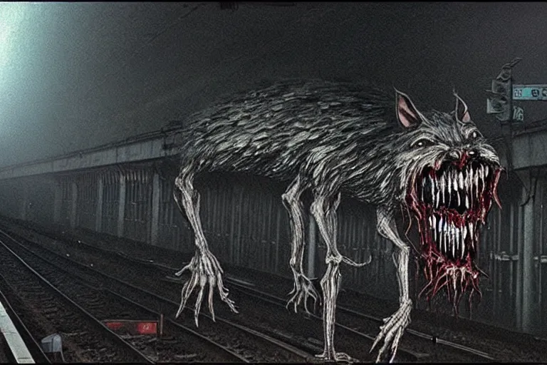 Image similar to very large giant mutant zombie irradiated ( angry rat ) staying on railways in tonnel of moscow subway. tonnel, railways, giant angry rat, furr, fangs, claws, very realistic. fog, extreme long shot, herman nitsch, giger.