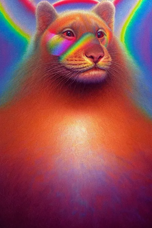 Image similar to hyperrealistic close-up Renaissance psychedelic!! god happy fluffy kind! creature!! peaceful! kind spirit of nature highly detailed concept art eric zener elson peter cinematic hard rainbow lighting high angle hd 8k sharp shallow depth of field, inspired by Zdzisław Beksiński