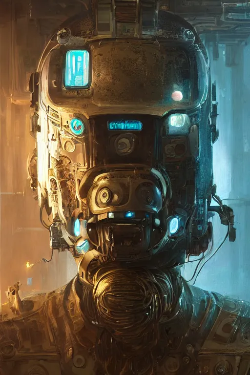 Image similar to A cyberpunk very highly detailed robot with very highly detailed face in the Tavern in a very highly detailed cyberpunk middle age sci-fi style, digital rational painting art by Greg Rutkowski, sci-fi highly detailed, digital concept art, Dimensional cyan gold natural light, sharp focus, Golden Ratio illustration, realistic concept art by Stephen Hickman and James Gurney and Hiromasa Ogura Ghost in the Shell rendered in Octane Render, From the distance