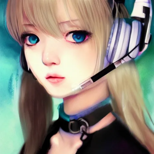 Image similar to realistic teasing detailed semirealism beautiful gorgeous cute Blackpink Lalisa Manoban white hair white cat ears blue eyes, wearing black camisole outfit, headphones, black leather choker full HD 4K high resolution quality WLOP, Aztodio, Taejune Kim, Guweiz, Pixiv, Instagram, Artstation