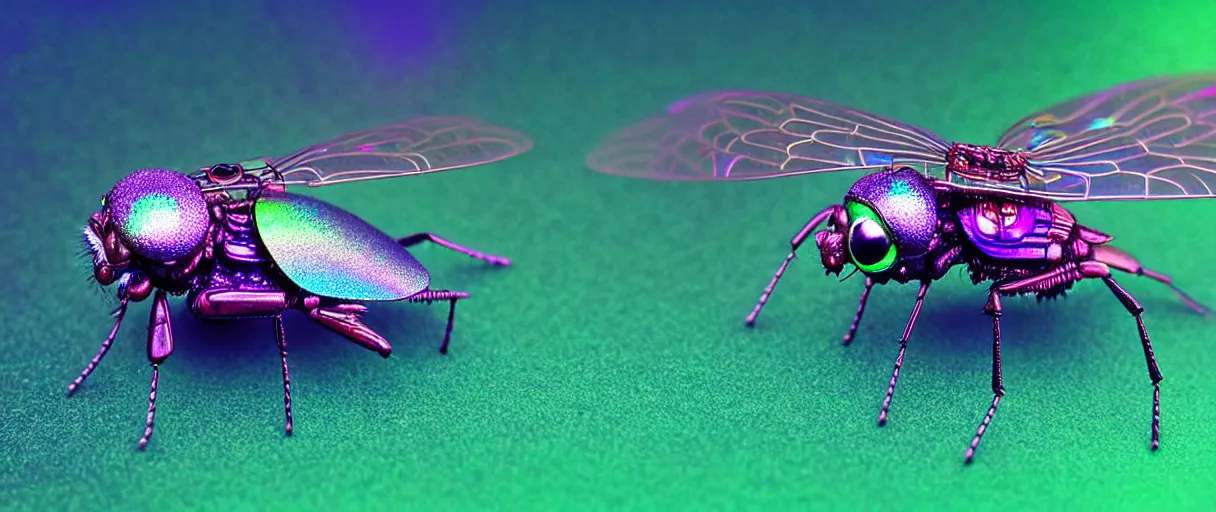 Image similar to high quality macro photo iridescent cyborg fly! jeweled very beautiful! highly detailed digital art david ligare elson peter cinematic purple neon lighting high quality low angle hd 8k sharp shallow depth of field