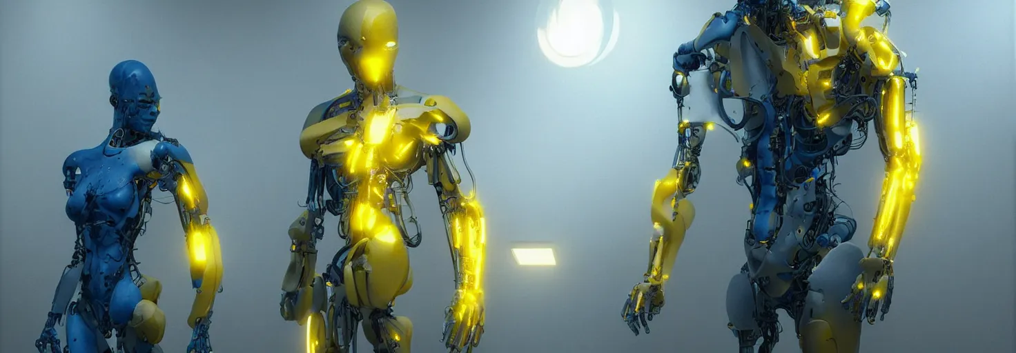 Image similar to body cyborg prototype, concept art, unreal engine render, yellow and blue theme, high detail, very realistic, by greg rutkowski, by james gurney ultra clear detailed