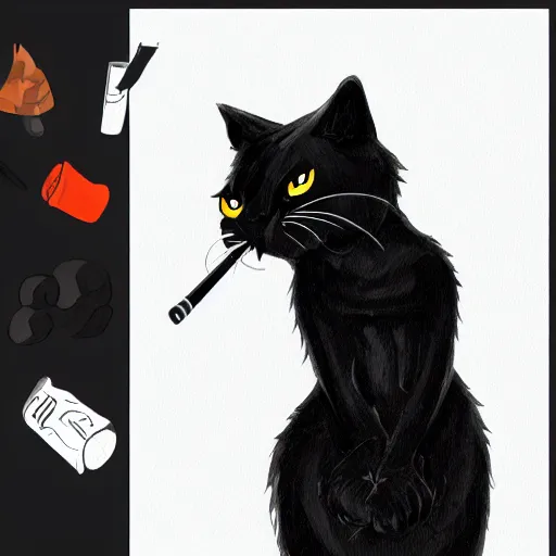 Image similar to a furry portrait, anthro, black cat smoking on a couch, artstation senior artist, character design, anthropomorphic cat, painting