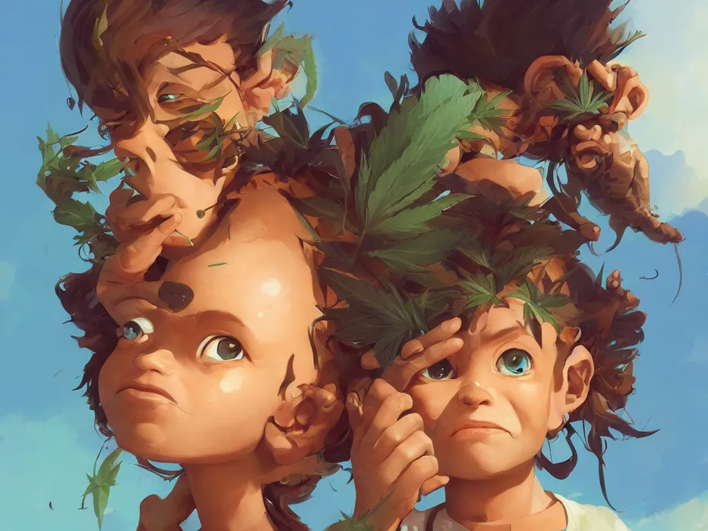 Image similar to cannabis marijuana kid face!, behance hd by jesper ejsing, by rhads, makoto shinka, lois van baarle, ilya kuvshinov, rossdraws global illumination