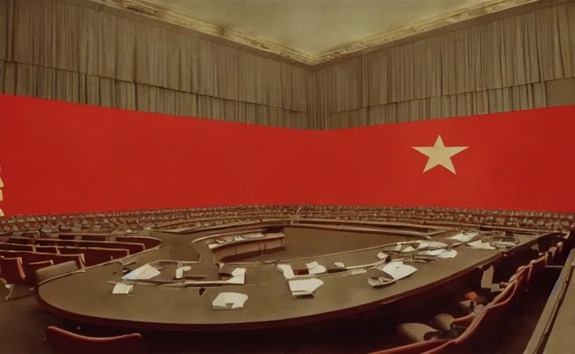 Prompt: 60s movie still of a stalinist style sovietic parlement with a giant USSR flag, by Irving Penn , cinestill 800t 35mm eastmancolor, heavy grainy picture, very detailed, high quality, 4k, HD criterion, precise texture, panoramic, cinematic