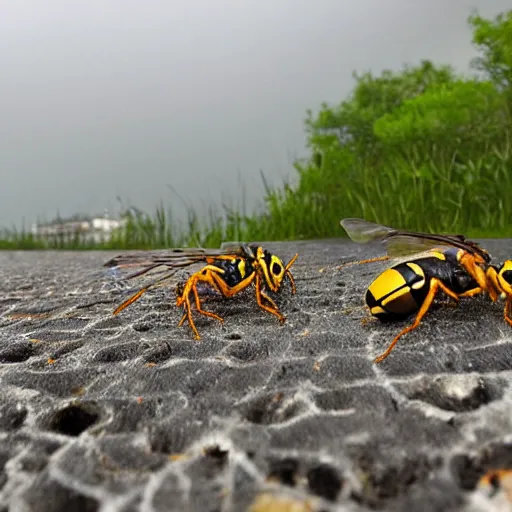 Image similar to giant wasps that are attacking crabs, hellish landscape, thunderstorm