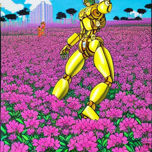 Image similar to a beautiful painting of a muscular humanoid mecha enemy stand in a field of flowers by hiroshi nagai and hirohiko araki, detailed line art